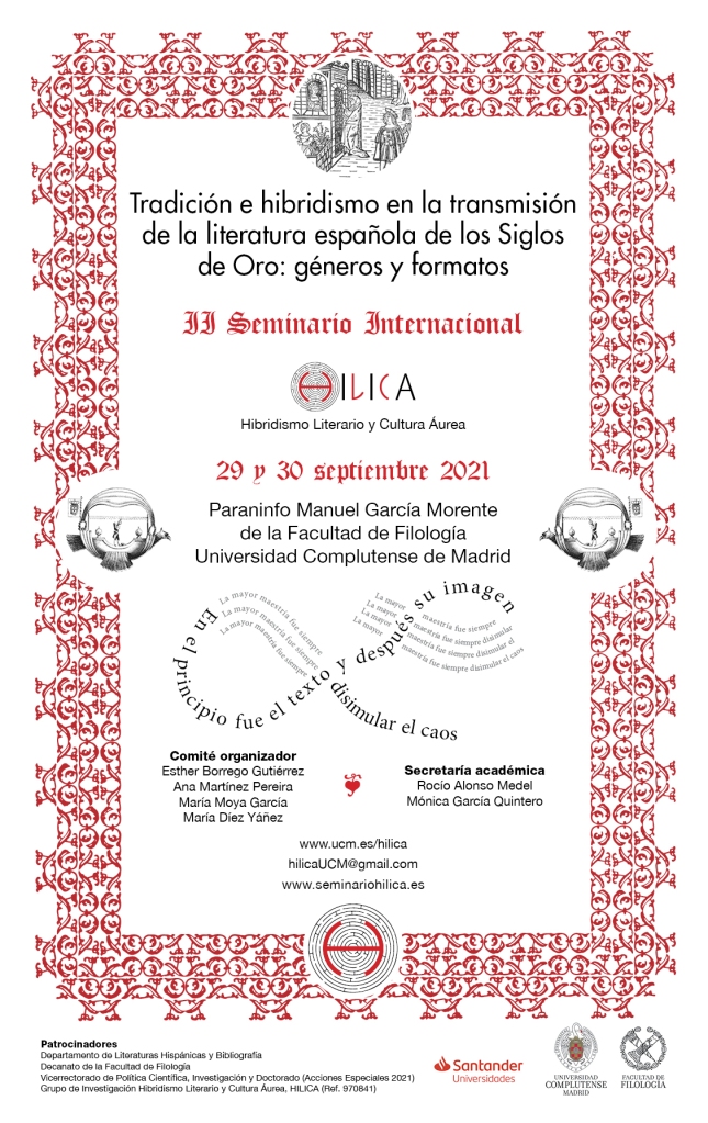 Cartel del I Seminario Internacional HÍLICA «Tradición e hibridismo en la transmisión de la literatura española de los Siglos de Oro: géneros y formatos»