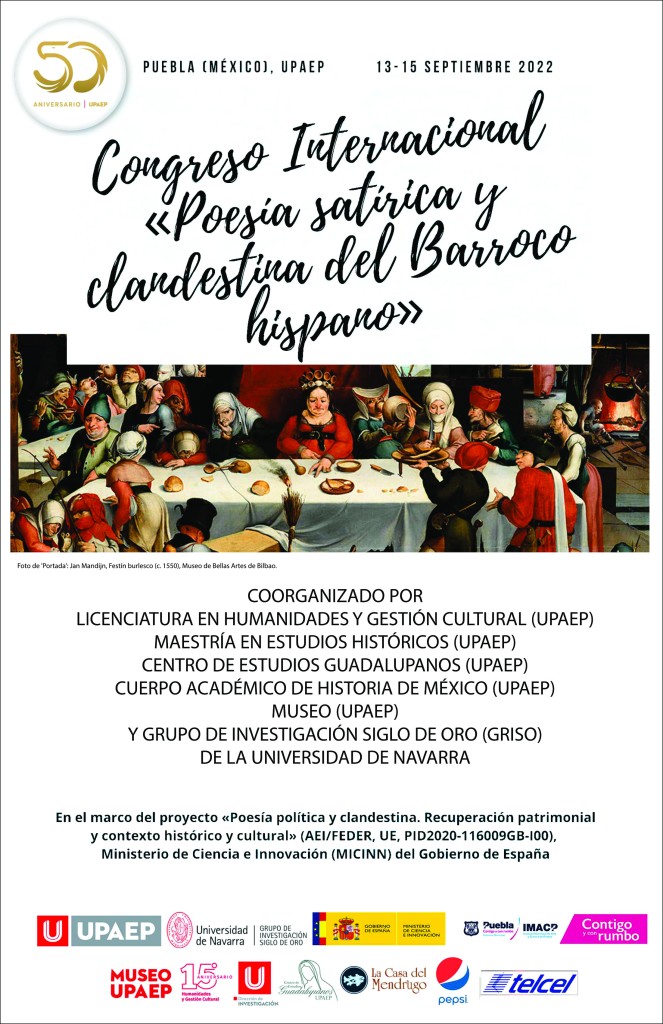 Cartel del Congreso Internacional «Poesía satírica y clandestina del Barroco hispánico» (Puebla, México, 13-15 de septiembre de 2022)